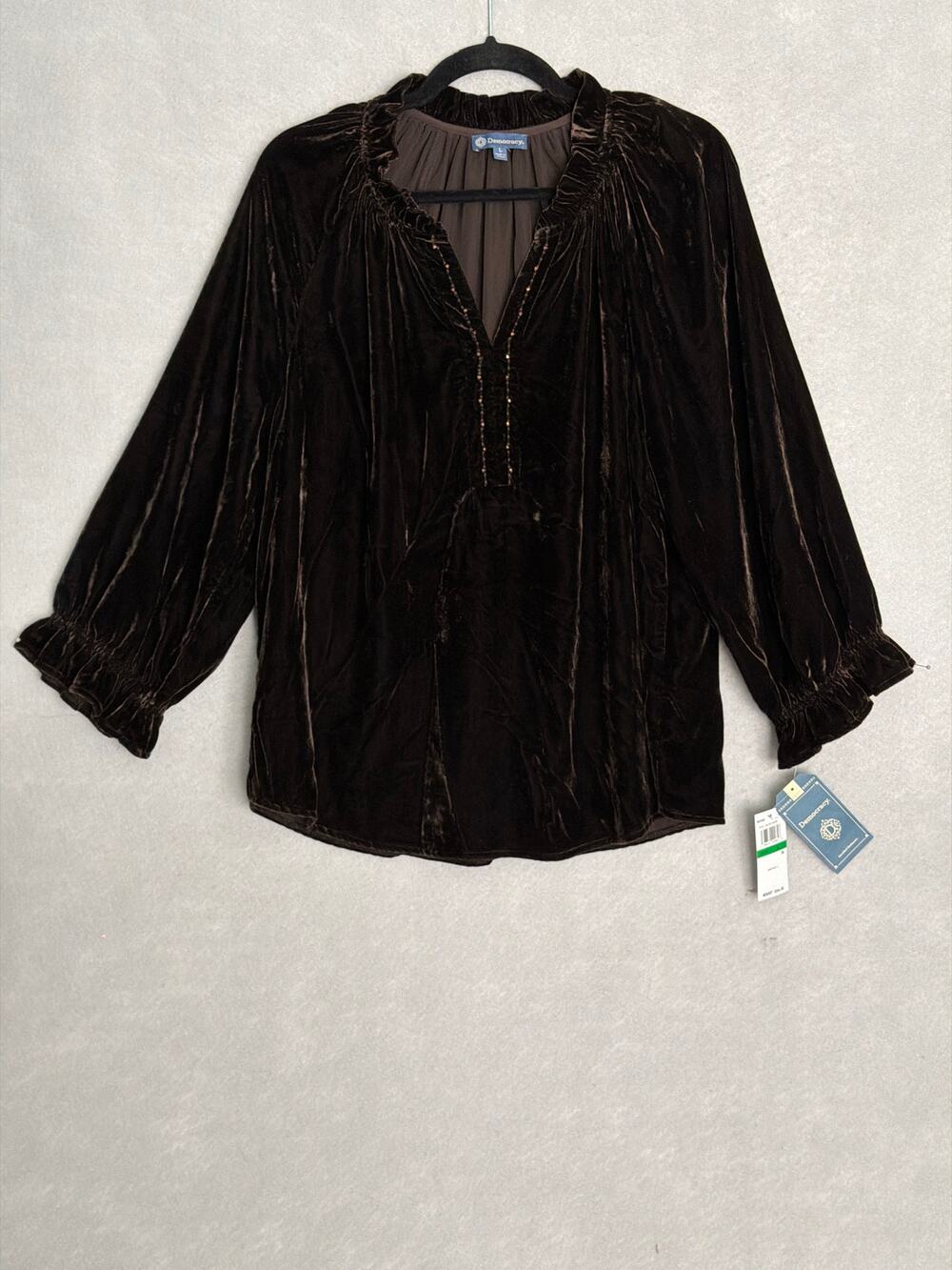 Democracy Velvet Top Ruffle Split Collar Puff Sleeves Women's Large NEW